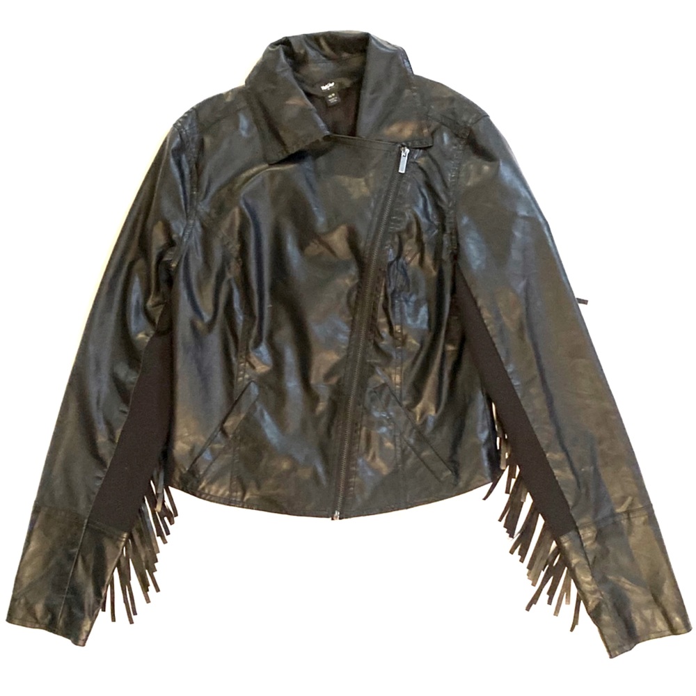 Mossimo black faux leather fringe jacket